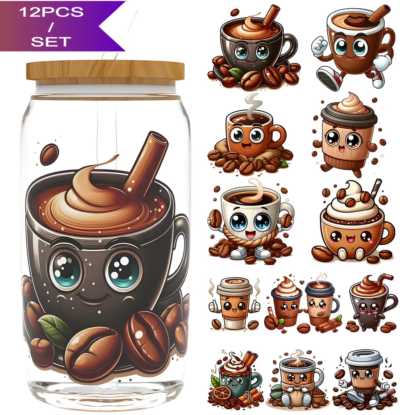 Cute Coffee Character Style 16oz UV DTF Cup Sticker