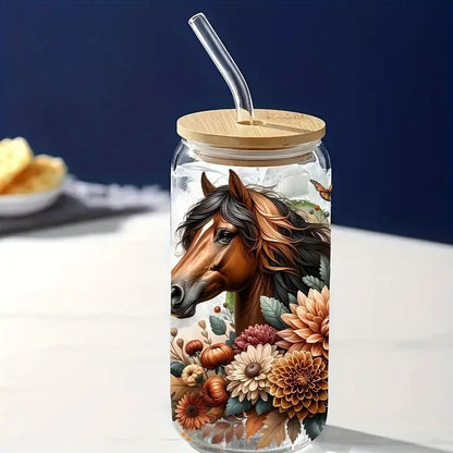 Brown Bohemian Floral Horse 16oz Glass Jar Packaging Sticker Animal Coffee Cup UV DTF