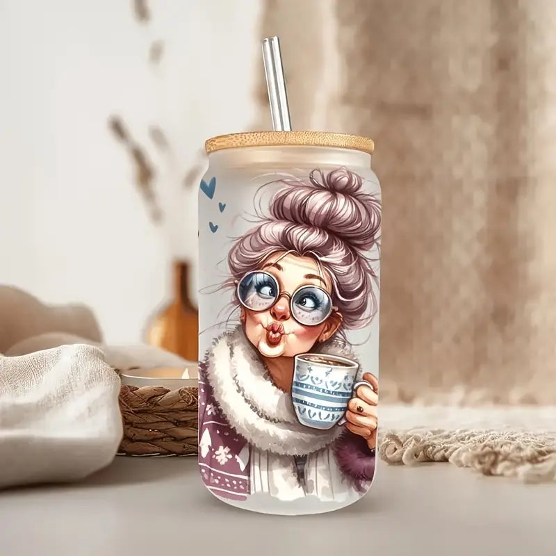 Selfie Grandma 16 oz glass jar packaging sticker funny expression coffee cup UV DTF